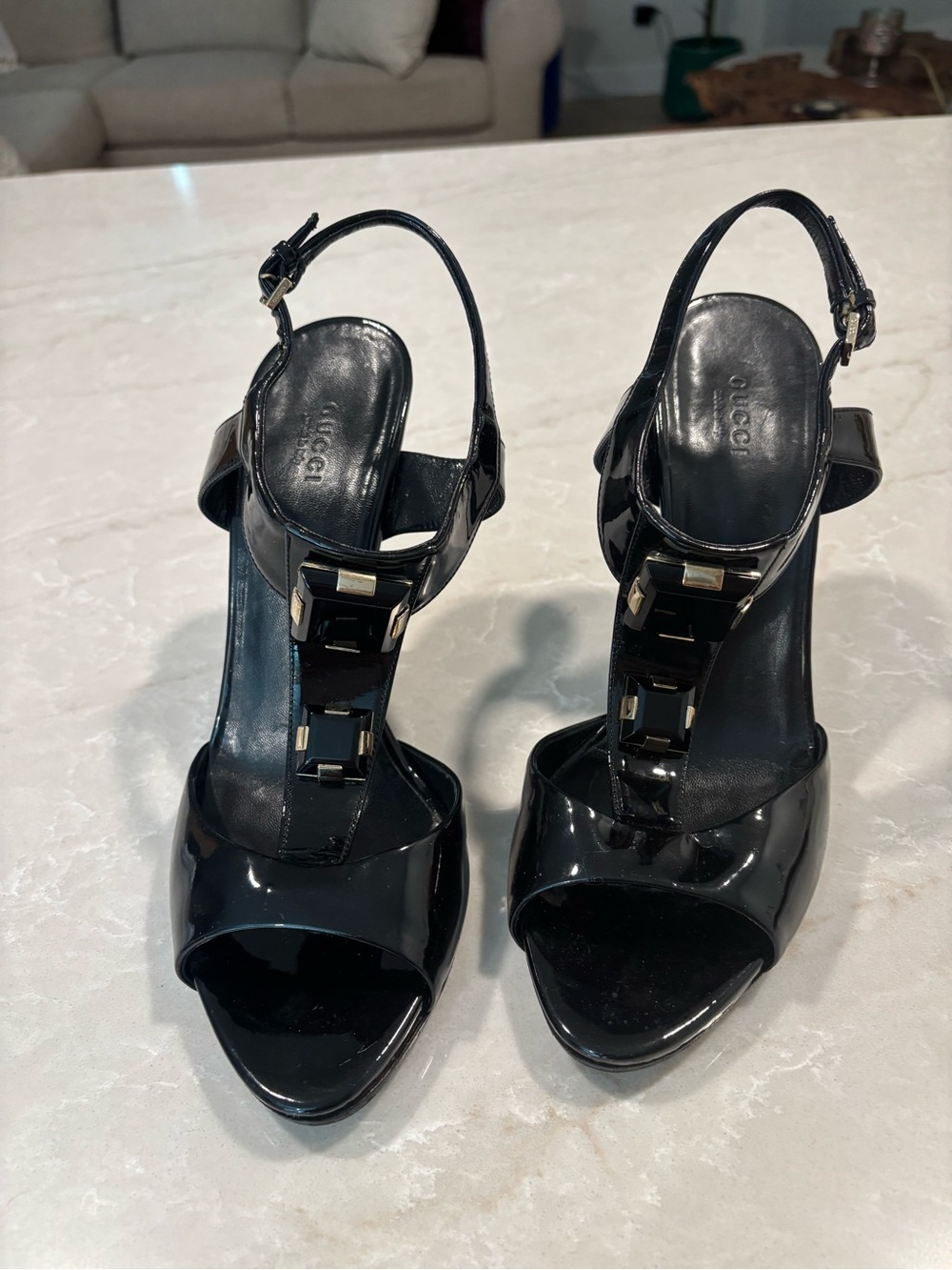Gucci Black Patent Leather T-Strap Heels with Gold Accents